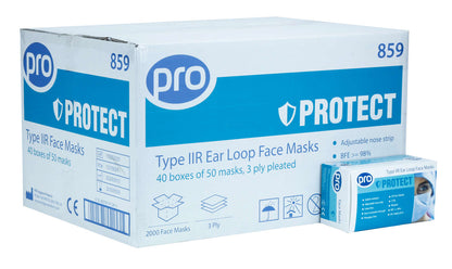 Type IIR Ear Loop Face Mask Fluid Resistant 40 Packs Of 50